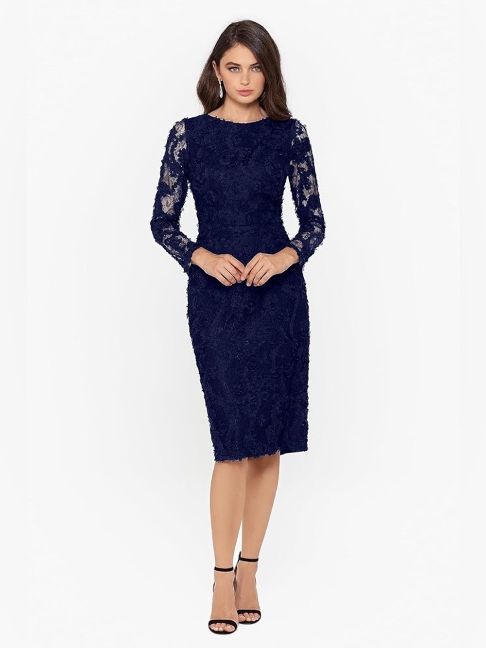 Xscape Lace Soutache Long Sleeve Sheath Dress Floral Navy Blue Size 8